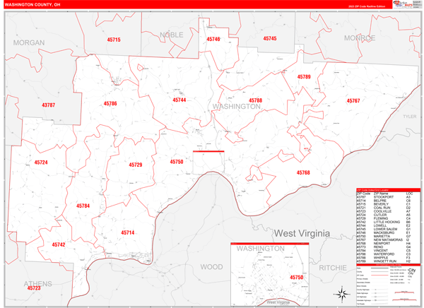 Washington County, OH Zip Code Wall Map Red Line Style by MarketMAPS