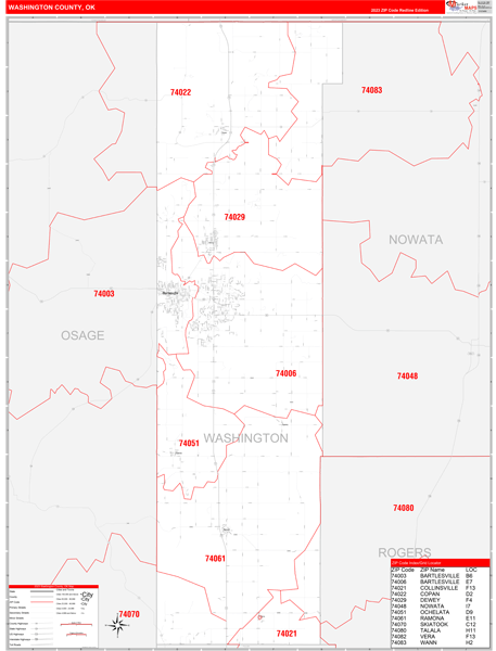 Washington County, OK Wall Map Red Line Style