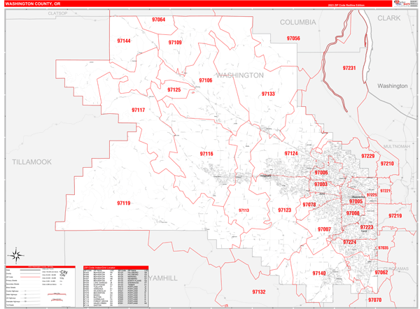 Washington County, OR Zip Code Wall Map Red Line Style by MarketMAPS