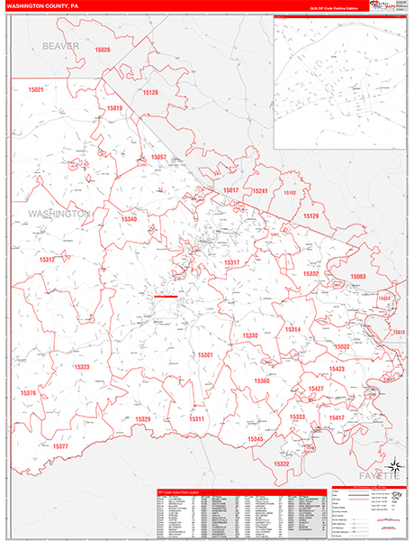 Washington County, PA Wall Map Red Line Style