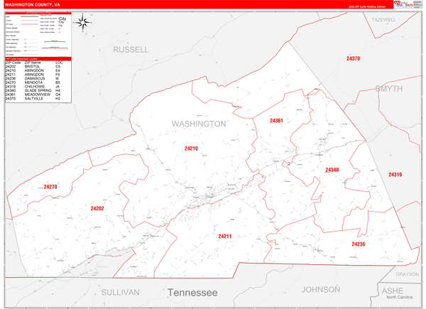 Washington County, VA Wall Map Red Line Style