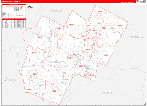 Washington County, VT Zip Code Wall Map