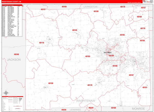Washtenaw County, MI Wall Map Red Line Style