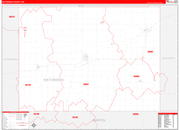Watonwan County Wall Map Red Line Style