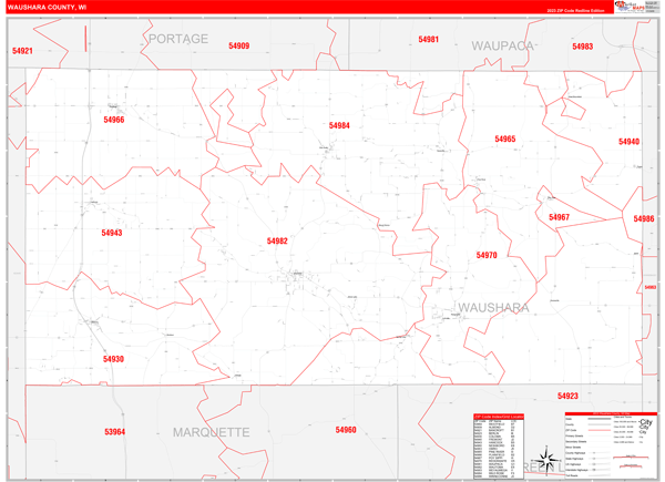Waushara County, WI Zip Code Wall Map