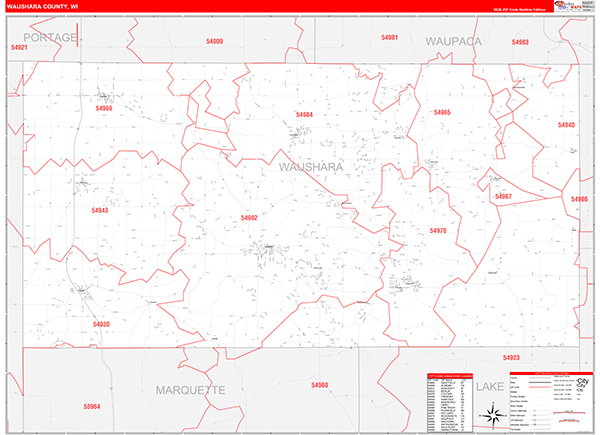 Waushara County, WI Zip Code Wall Map