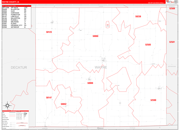 Wayne County, IA Wall Map Red Line Style