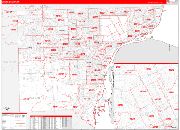 Wayne County MI Zip Code Wall Map Red Line Style By MarketMAPS MapSales