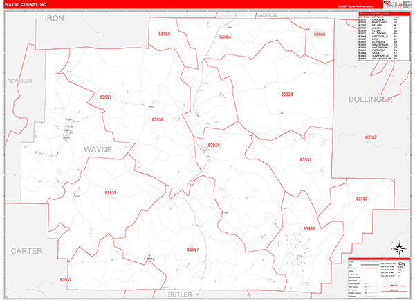 Wayne County, MO Map Red Line Style