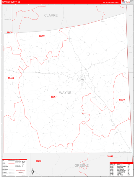 Wayne County, MS Wall Map Red Line Style