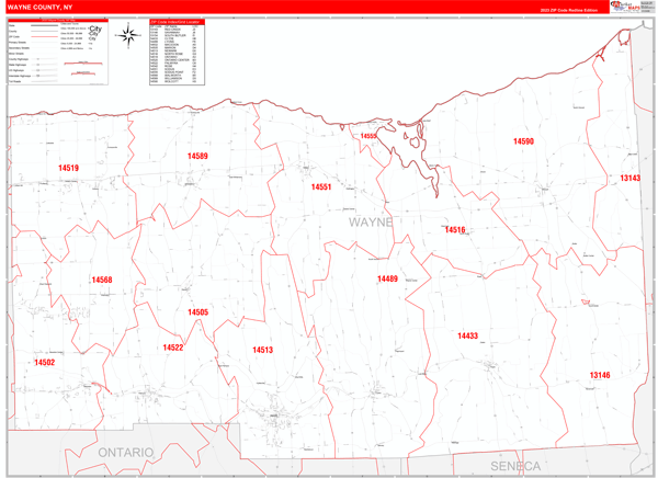 Wayne County NY Zip Code Wall Map Red Line Style by MarketMAPS MapSales