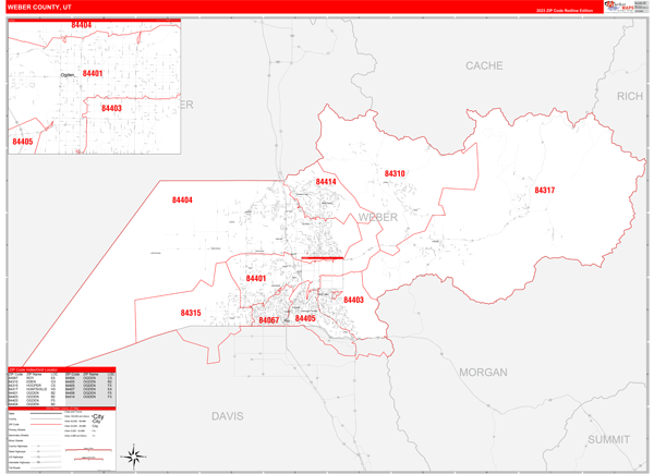 Weber County Wall Map Red Line Style