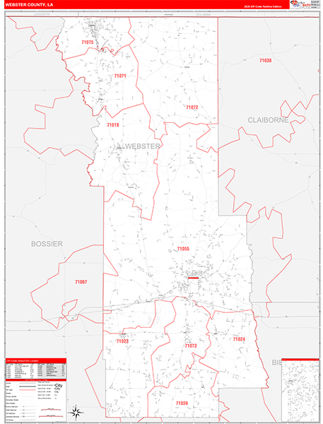 Webster Parish (County), LA Wall Map Red Line Style