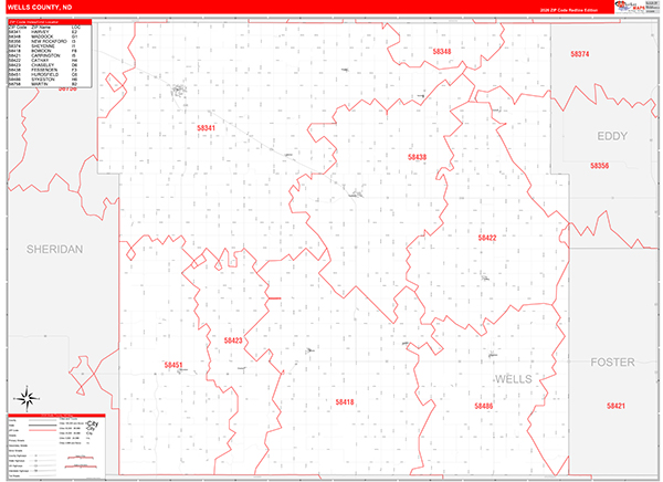 Wells County, ND Wall Map Red Line Style