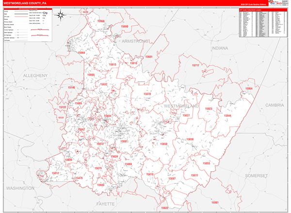 Westmoreland County, PA Wall Map Red Line Style