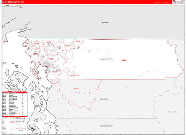 Whatcom County, WA Wall Map Red Line Style