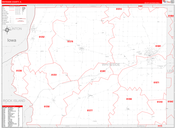 Whiteside County, IL Wall Map Red Line Style