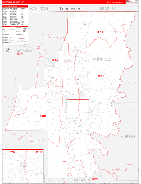 Whitfield County, GA Wall Map Red Line Style