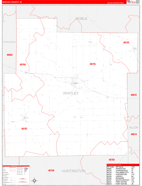 Whitley County, IN Map Red Line Style
