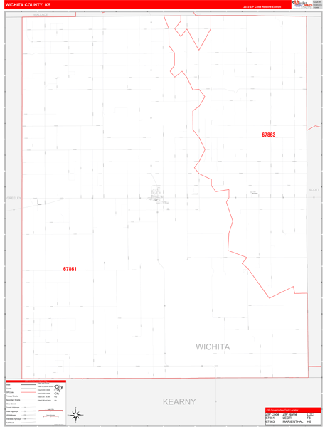 Wichita County, KS Wall Map Red Line Style