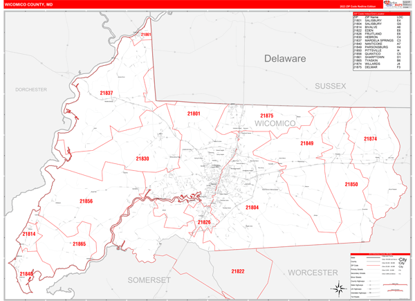 Wicomico County Wall Map Red Line Style