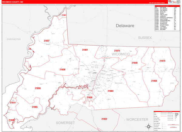 Wicomico County, MD Zip Code Wall Map