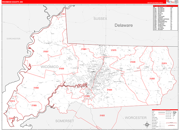 Wicomico County, MD Zip Code Wall Map