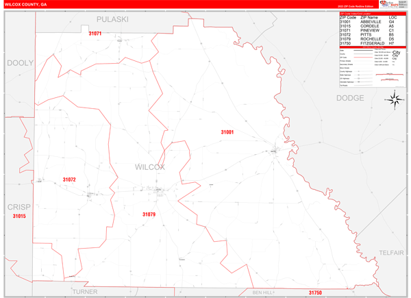 Wilcox County, GA Wall Map Red Line Style