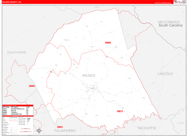 Wilkes County, GA Wall Map Red Line Style