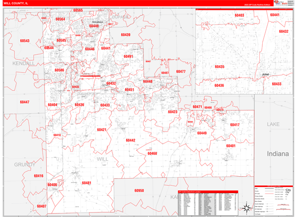 Will County Il Zip Code Wall Map Red Line Style By Marketmaps