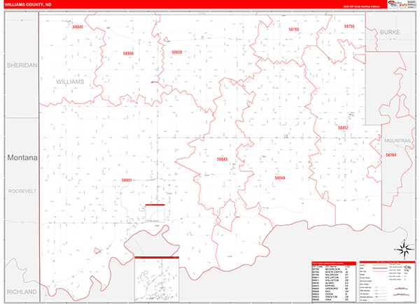 Williams County, ND Wall Map Red Line Style