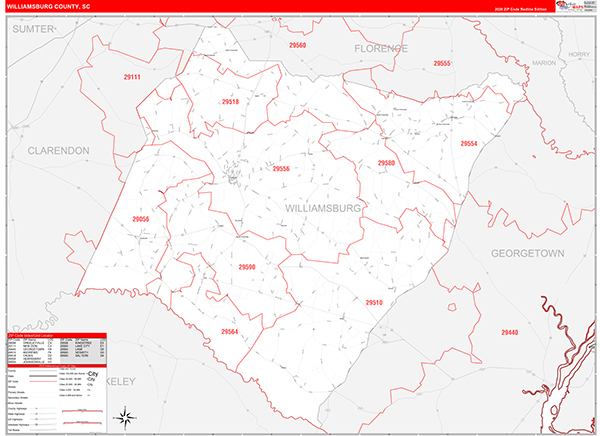 Williamsburg County, SC Zip Code Wall Map