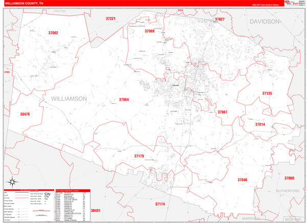 Williamson County, TN Zip Code Wall Map Red Line Style by MarketMAPS