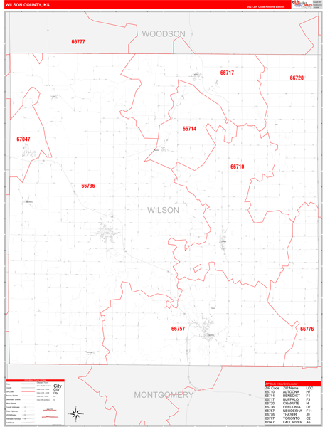 Wilson County, KS Wall Map Red Line Style