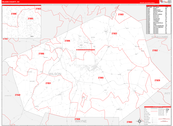 Wilson County, NC Zip Code Wall Map Red Line Style by MarketMAPS - MapSales