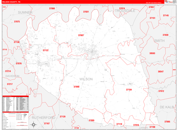 Wilson County, TN Zip Code Wall Map Red Line Style by MarketMAPS - MapSales