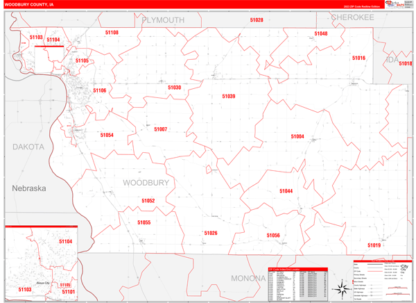 Woodbury County Wall Map Red Line Style