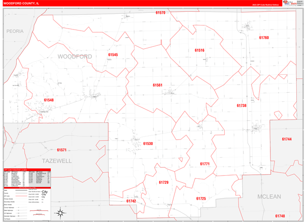 Woodford County, IL Wall Map Red Line Style