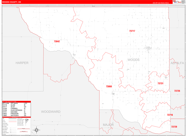 Woods County Digital Map Red Line Style