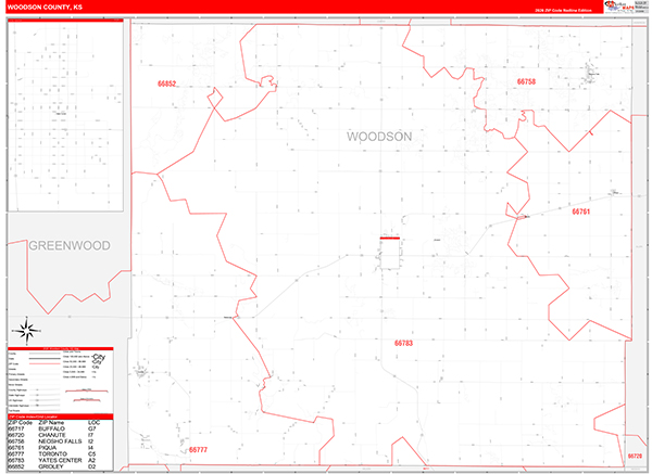 Woodson County, KS Zip Code Wall Map