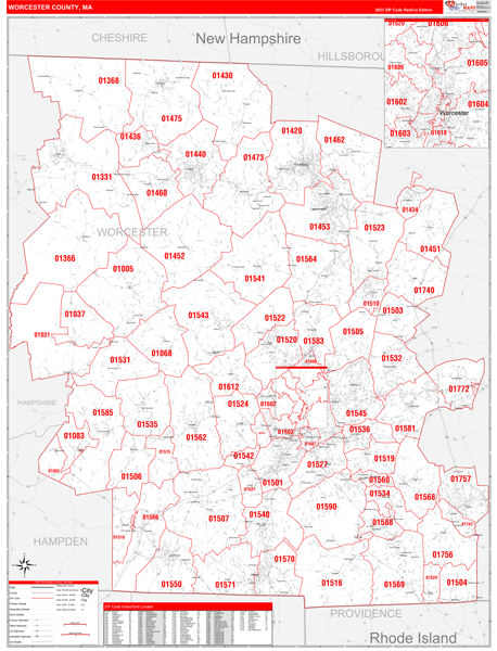 Worcester County, MA Zip Code Map