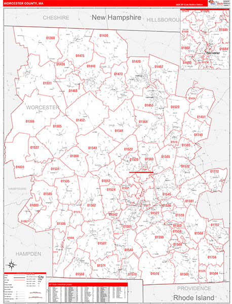 Worcester County, MA Zip Code Wall Map