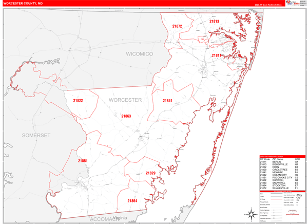 Worcester Zip Code Map Worcester County, MD Zip Code Wall Map Red Line Style by MarketMAPS
