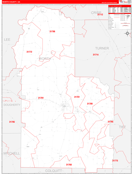 Worth County, GA Zip Code Wall Map