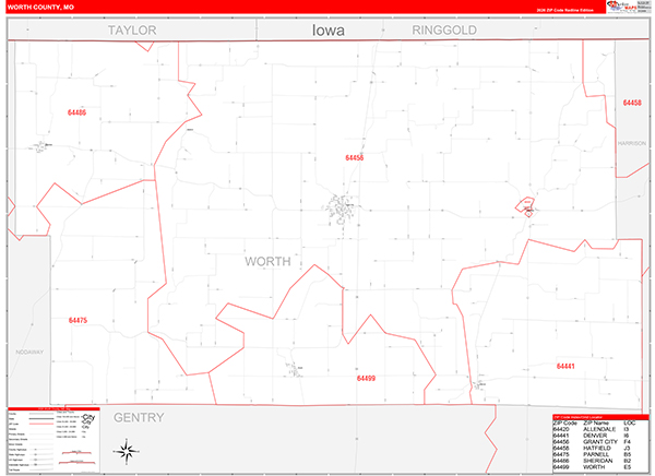 Worth County, MO Zip Code Wall Map