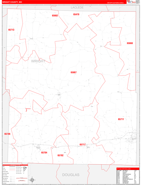Wright County, MO Wall Map Red Line Style