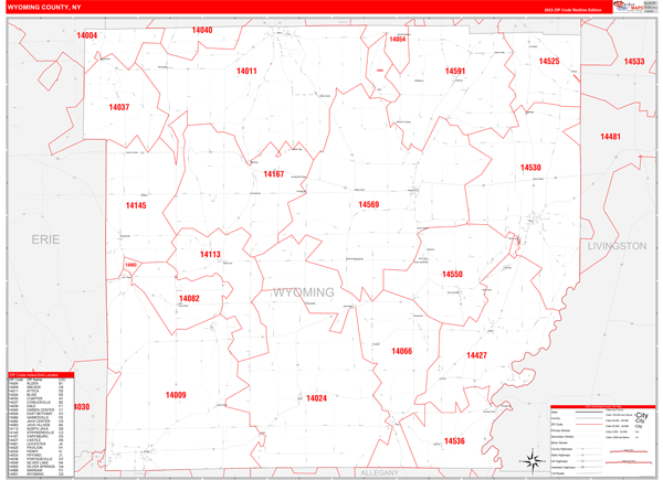 Wyoming County, NY Zip Code Wall Map Red Line Style by MarketMAPS ...