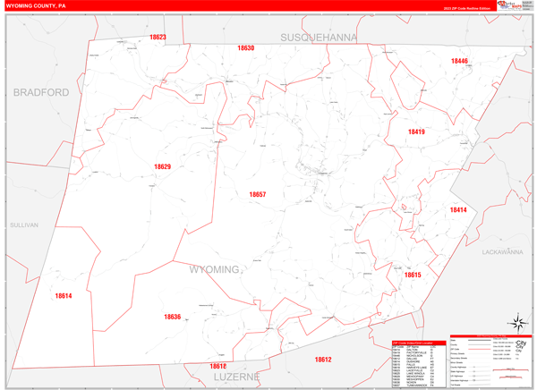 Wyoming County, PA Zip Code Wall Map Red Line Style by MarketMAPS