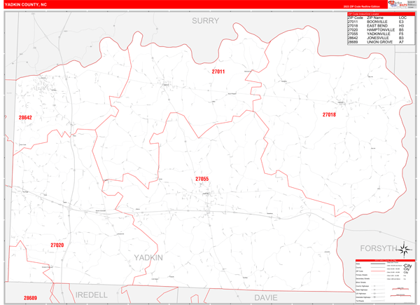 Yadkin County Wall Map Red Line Style