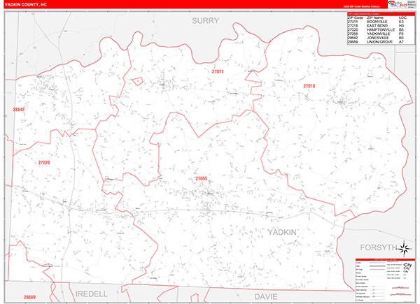 Yadkin County, NC Zip Code Wall Map
